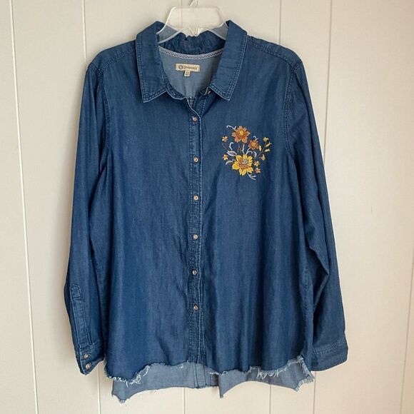 Democracy Embroidered Chambray Button Down Shirt Women’s Size XL - Picture 9 of 16